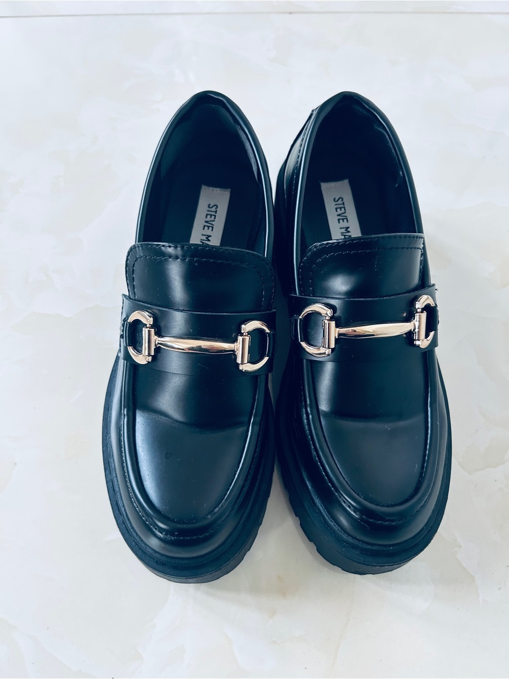 Steve Madden Black Leather Loafers with Gold Horsebit